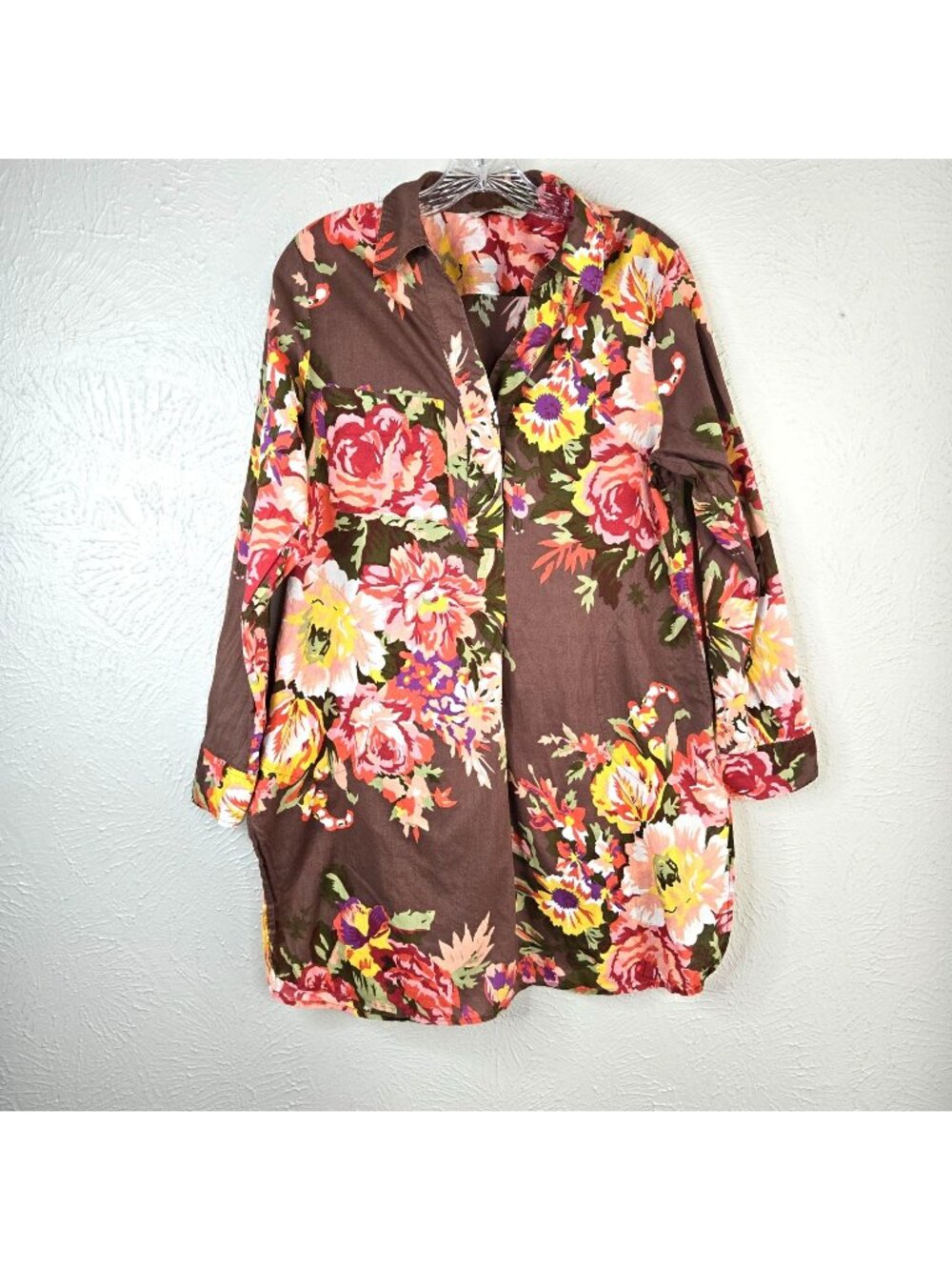 Soft Surroundings Floral Collar Shirt Cotton Brown Fall Tunic Blouse Size Medium